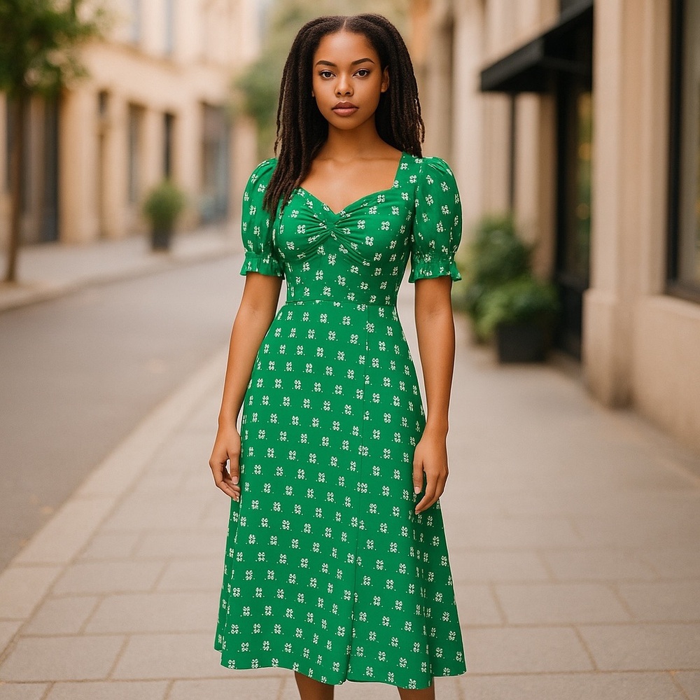 J. Crew Puff-sleeve bandana flowers print Green Floral Midi Dress size 14